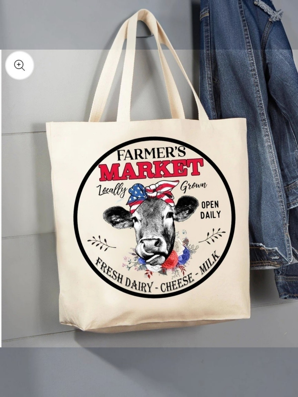 Farmer's Market Cow Tote Bag - Cream with Red & Blue Graphic